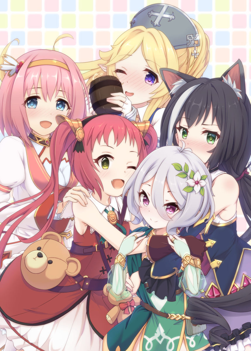 5girls, animal_ears, black_hair, blonde_hair, blue_eyes, blush, cat_ears, commentary_request, cup, fang, fingerless_gloves, flower, gloves, green_eyes, hair_flower, hair_ornament, hat, headband, highres, hojo_ayane, hug, keepvalley, kokkoro_(princess_connect!), kusano_yui, kyaru_(princess_connect), long_hair, looking_at_viewer, mug, multiple_girls, one_eye_closed, open_mouth, pink_hair, princess_connect!, princess_connect!_re:dive, redhead, short_hair, silver_hair, sleeveless, twintails, violet_eyes