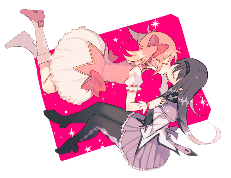 2girls, akemi_homura, argyle, argyle_legwear, black_hair, black_hairband, black_legwear, bubble_skirt