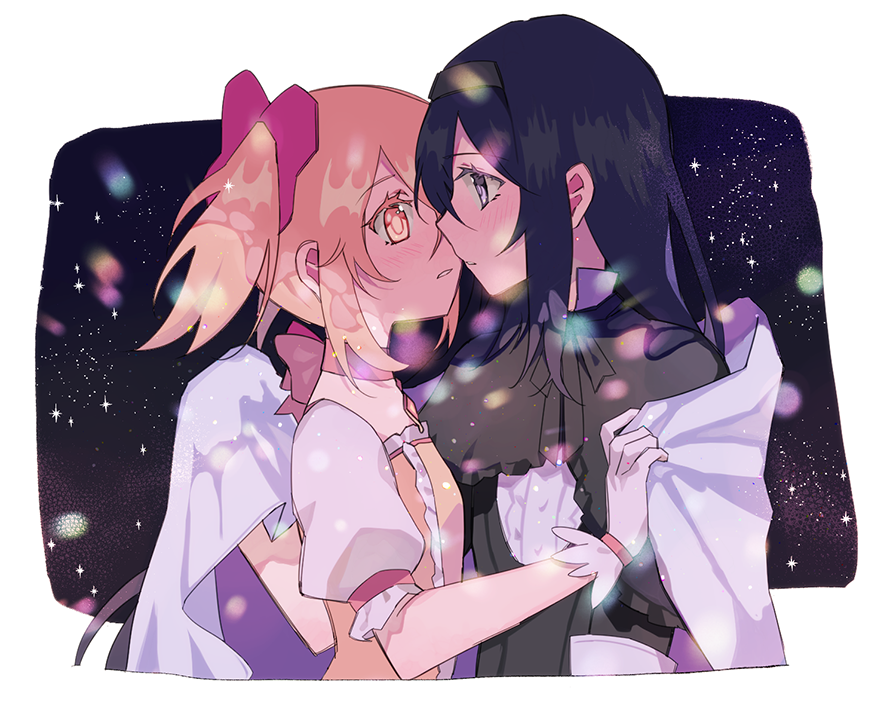 2girls, akemi_homura, bangs, black_dress, black_hair, black_hairband, blurry, blush
