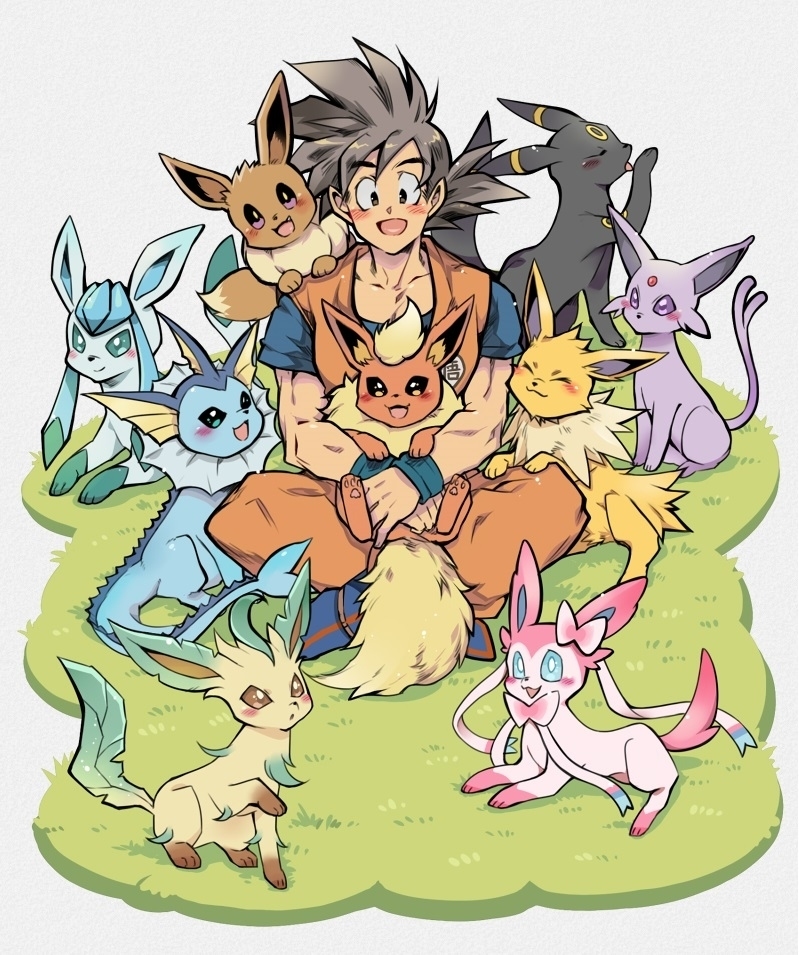 aqua_eyes, ayo_(isy8800), black_eyes, black_hair, blue_eyes, blue_footwear, boots, brown_eyes, crossover, dougi, dragon_ball, dragon_ball_z, eevee, espeon, flareon, gen_1_pokemon, gen_2_pokemon, gen_4_pokemon, gen_6_pokemon, glaceon, grass, indian_style, jolteon, leafeon, muscle, open_mouth, orange_eyes, pokemon, pokemon_(creature), sitting, smile, son_gokuu, sylveon, umbreon, vaporeon, violet_eyes, wristband