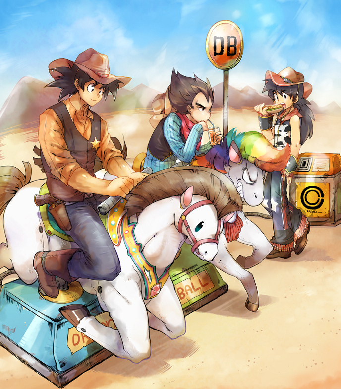 3boys, animal_print, ayo_(isy8800), black_eyes, black_hair, blue_sky, boots, brown_footwear