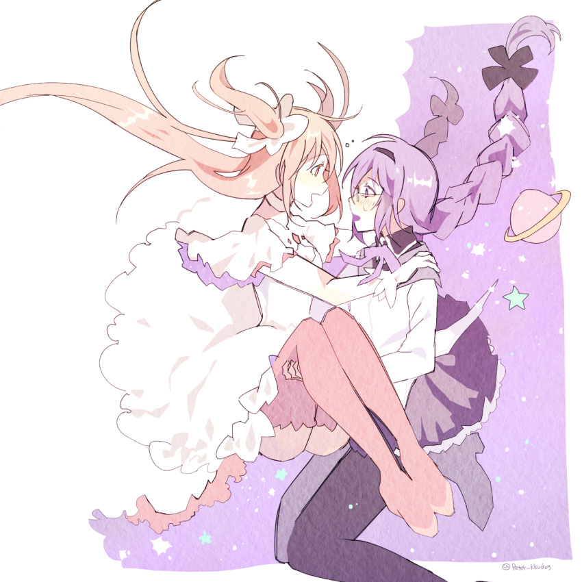 2girls, :d, akemi_homura, black_legwear, black_ribbon, blush, braid, carrying, dress, eye_contact, eyebrows_visible_through_hair, face-to-face, floating_hair, frilled_dress, frilled_sleeves, frills, glasses, gloves, goddess_madoka, hair_ribbon, hands_on_another's_shoulders, happy, highres, kaname_madoka, long_dress, long_hair, long_sleeves, looking_at_another, mahou_shoujo_madoka_magica, multiple_girls, open_mouth, pc_(z_yu), pink_hair, pink_legwear, planet, pleated_skirt, princess_carry, profile, purple_background, purple_hair, purple_skirt, ribbon, saturn, shirt, simple_background, skirt, smile, star, twin_braids, twitter_username, two-tone_background, very_long_hair, violet_eyes, white_background, white_dress, white_gloves, white_ribbon, white_shirt, wide_sleeves