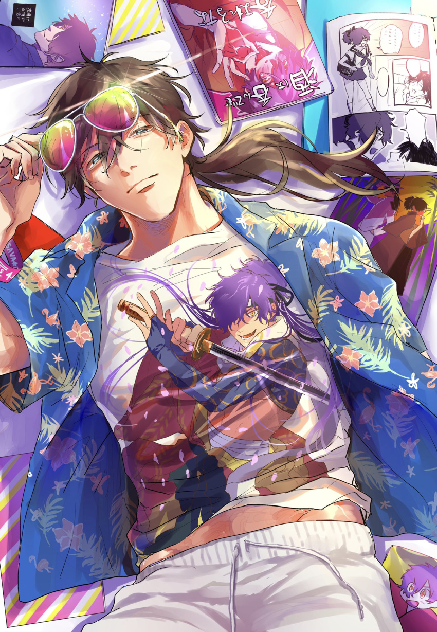 1boy, aviator_sunglasses, blue_eyes, brown_hair, character_print, closed_mouth, fate/grand_order, fate_(series)