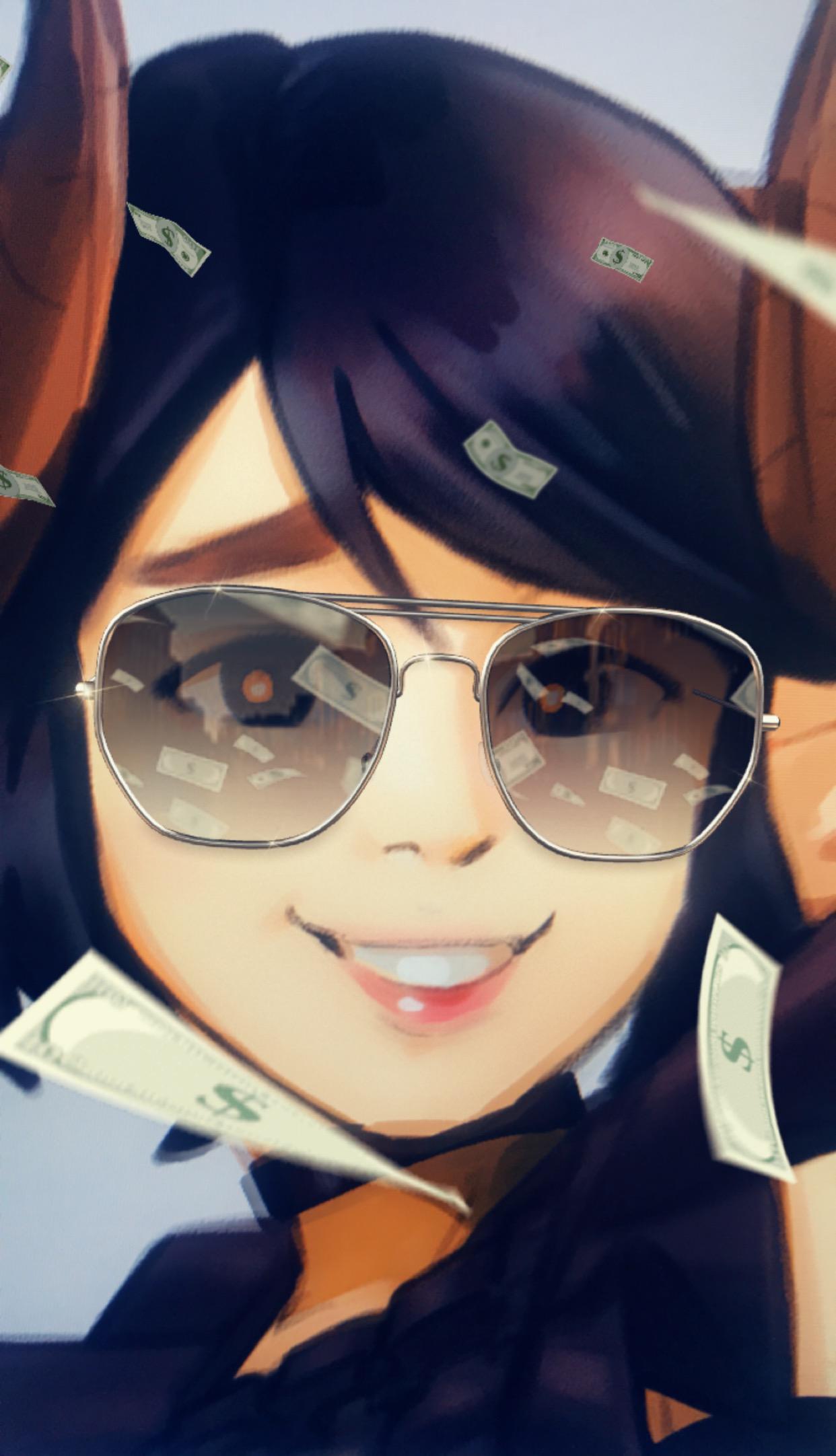 1girl, bangs, black_hair, choker, close-up, commentary, demon_girl, demon_horns, english_commentary, facing_viewer, grin, highres, horns, lips, meme, money, original, ray-ban, reflection, smile, solo, sunglasses, swept_bangs, thirnz