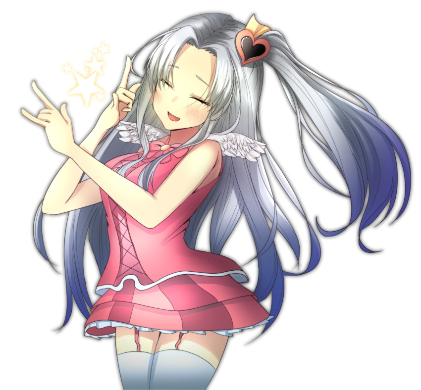 1girl, :d, \m/, alternate_costume, angela_(lobotomy_corporation), bow, closed_eyes, cosplay