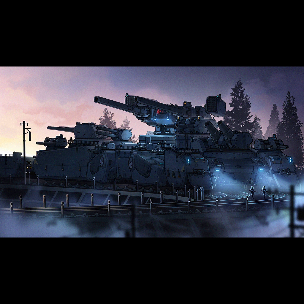 6+others, armored_vehicle, cannon, dawn, fog, gatling_gun, girls_frontline, ground_vehicle, kcco_(girls_frontline), multiple_others, no_humans, official_art, railroad_tracks, robot, rocket_launcher, searchlight, searchlights, train, tree, turret, weapon
