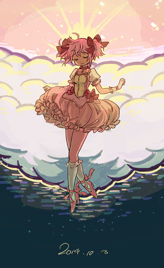 1girl, 2014, arms_at_sides, blush, breasts, bubble_skirt, choker, closed_eyes