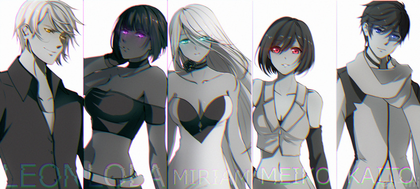 2boys, 3girls, aqua_eyes, blue_eyes, chromatic_aberration, dark_skin, glowing, glowing_eyes