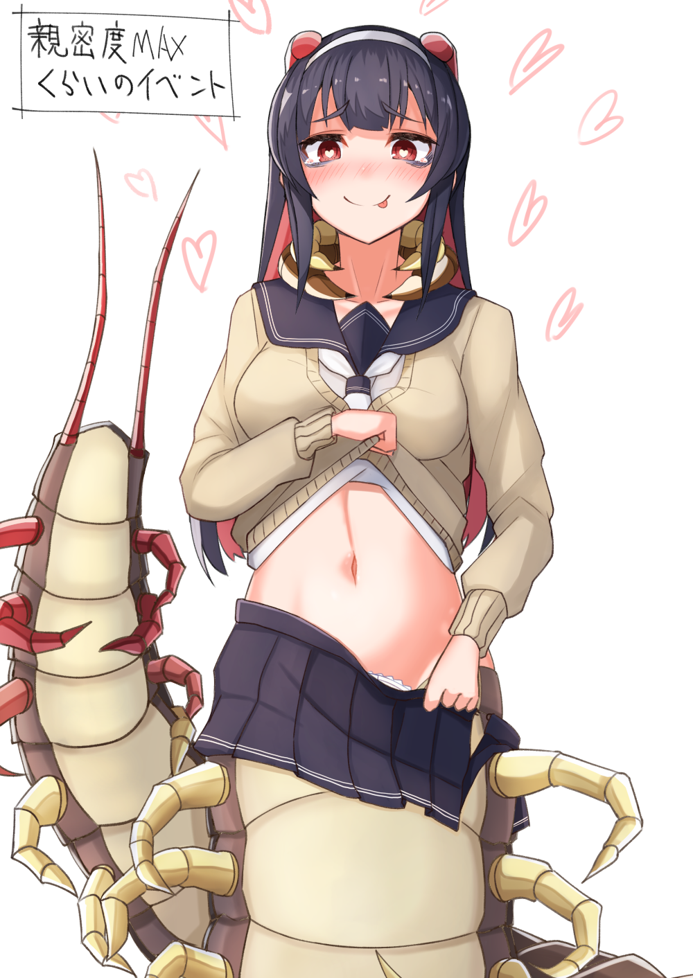 1girl, :p, bags_under_eyes, beige_sweater, black_hair, blush, centipede_girl, centipede_girl_(plan), clothes_lift, commentary_request, eyebrows_visible_through_hair, hairband, heart, heart-shaped_pupils, highres, lifted_by_self, long_hair, long_sleeves, looking_at_viewer, monster_girl, multicolored_hair, navel, nose_blush, original, panties, panty_peek, pink_hair, plan_(planhaplalan), pleated_skirt, pulled_by_self, red_eyes, sailor_collar, shirt_lift, simple_background, skirt, skirt_pull, smile, solo, stomach, sweater, sweater_lift, symbol-shaped_pupils, tears, tongue, tongue_out, translation_request, two-tone_hair, underwear, undressing, white_background, white_panties