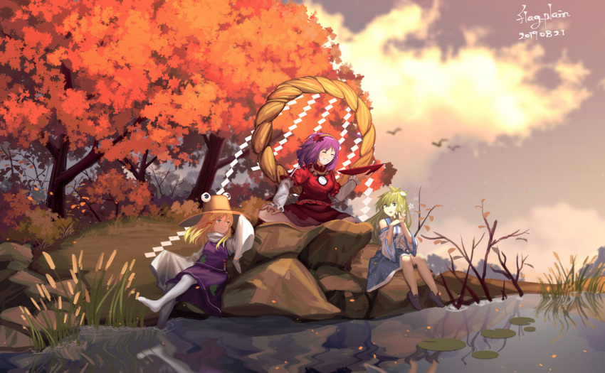 3girls, ahoge, autumn_leaves, blonde_hair, blue_eyes, blue_skirt, branches, brown_shoes