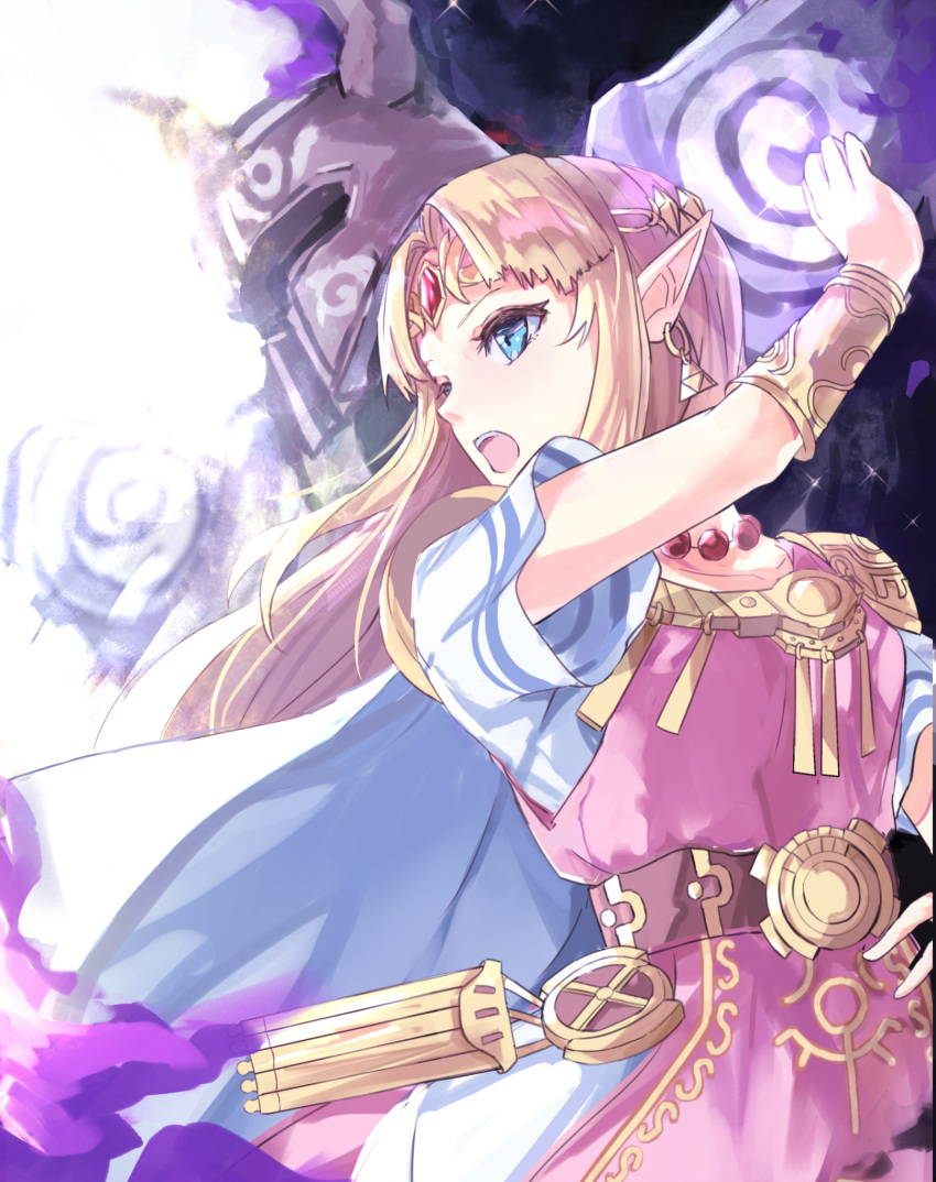 1girl, 1other, arm_up, armor, bangs, belt, blonde_hair, blue_eyes