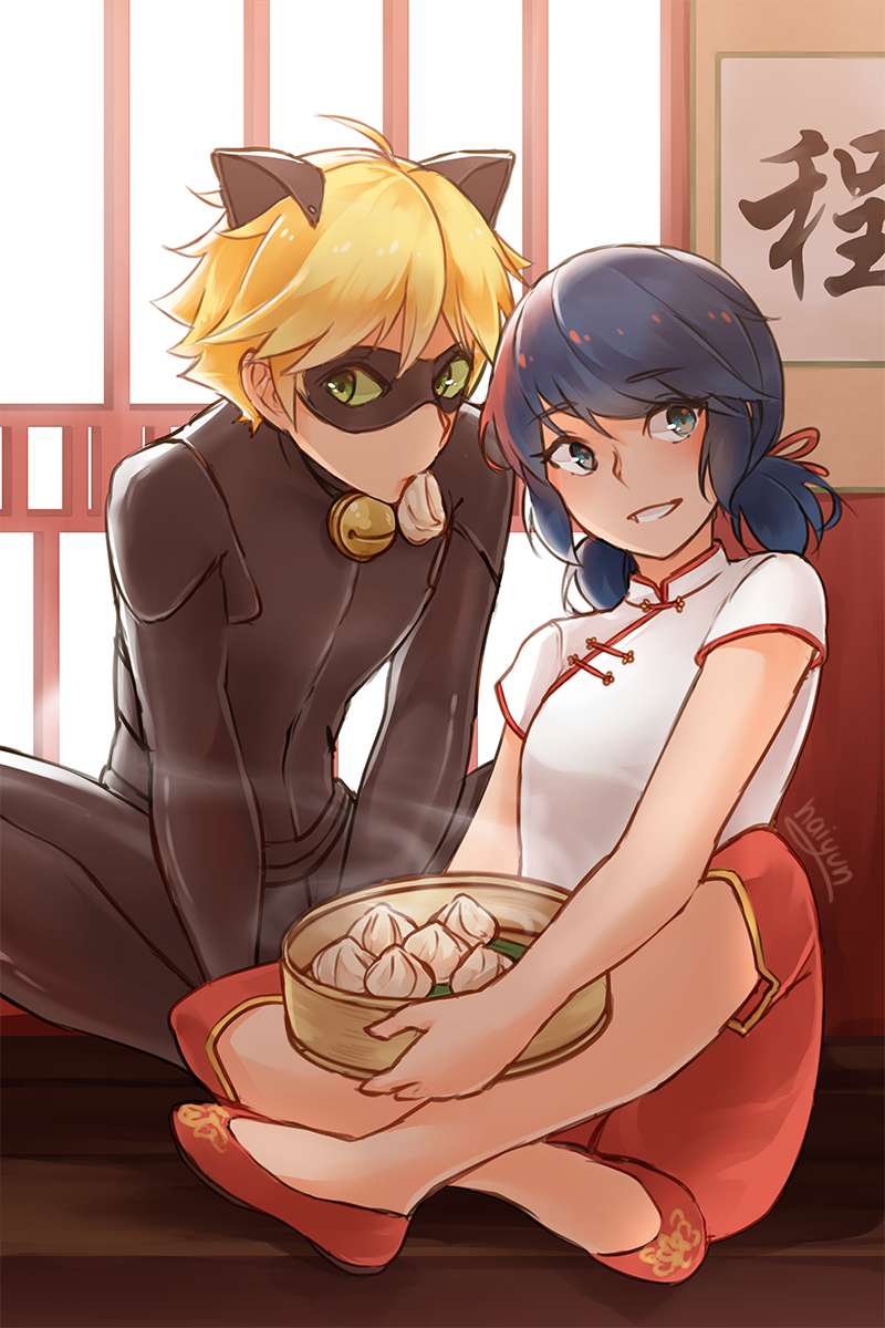 1boy, 1girl, animal_ears, artist_name, bangs, bell, black_bodysuit, blonde_hair