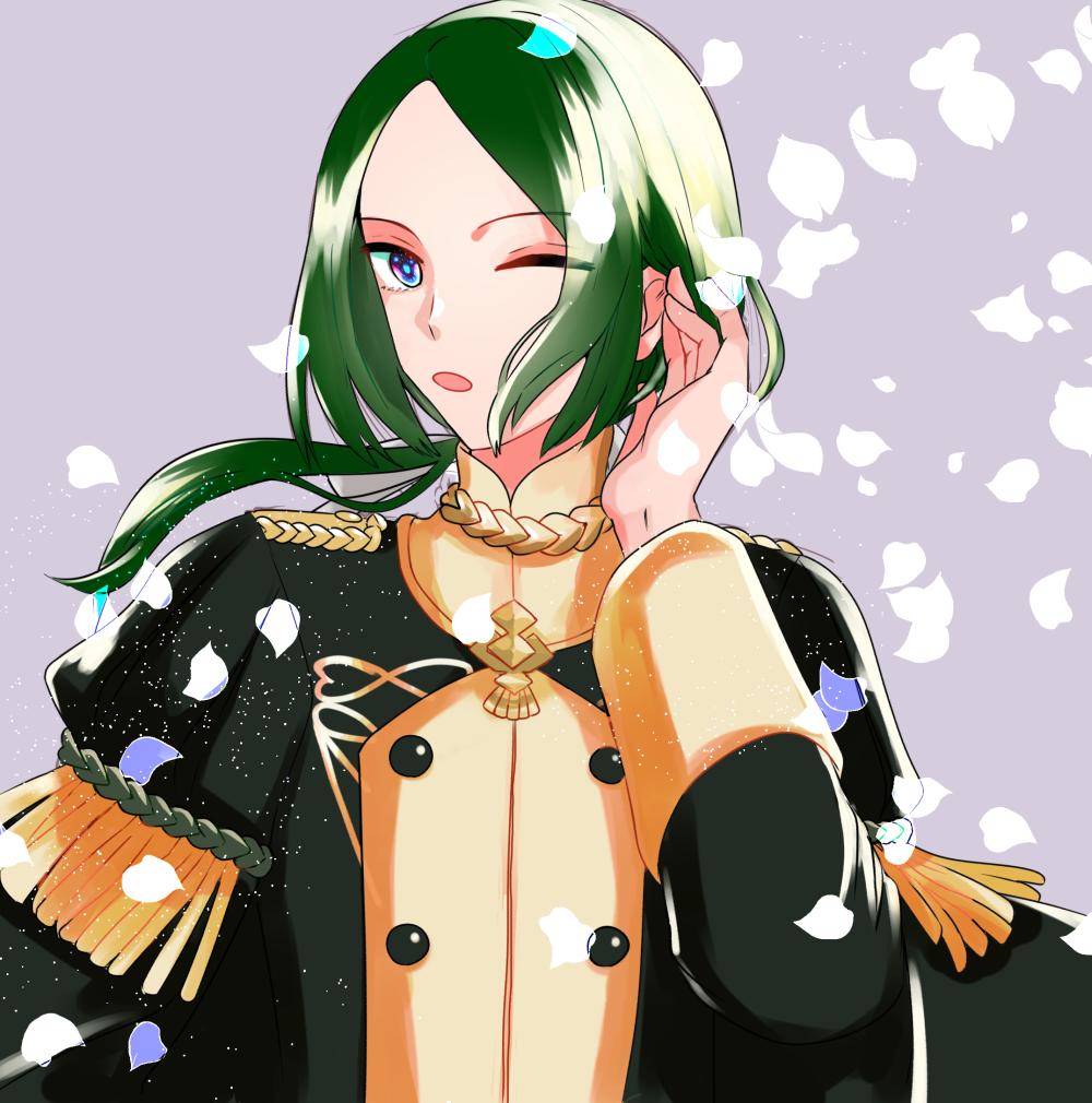 1boy, blue_eyes, cm_anco, epaulettes, fire_emblem, fire_emblem:_three_houses, green_hair, grey_background, linhardt_von_hevring, long_hair, male_focus, one_eye_closed, open_mouth, petals, solo, uniform, upper_body