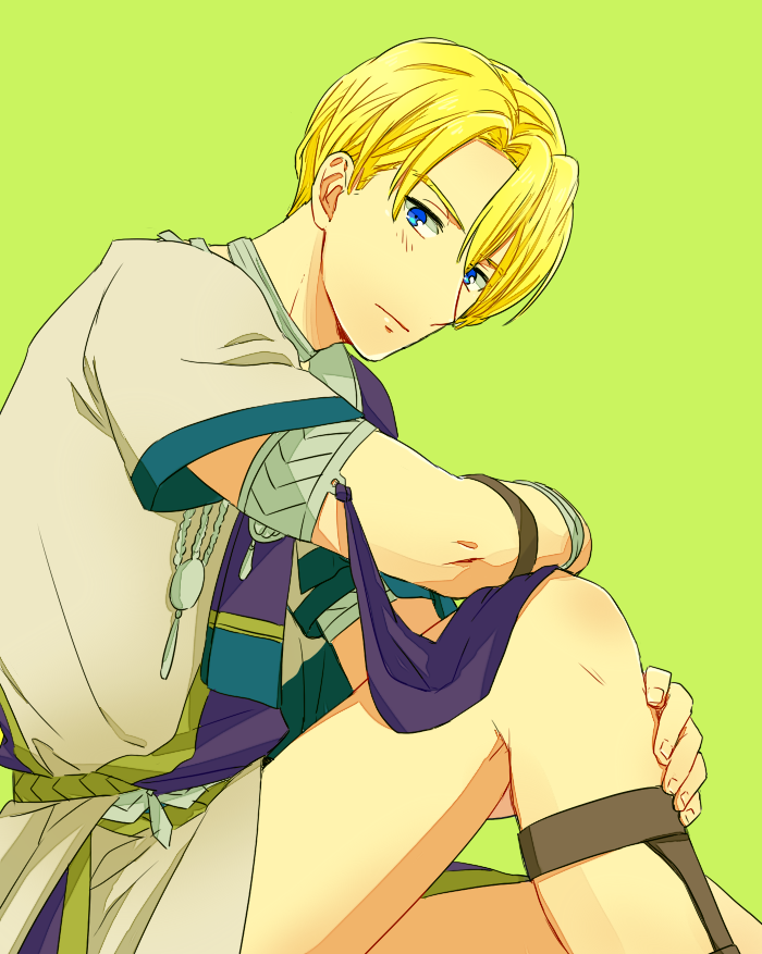 1boy, alternate_costume, blonde_hair, blue_eyes, blush, bracelet, dancer, dimitri_alexandre_bladud, fire_emblem, fire_emblem:_three_houses, green_background, jewelry, male_focus, necklace, saichi_(meme+), sandals, sitting, solo