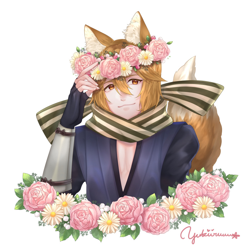 1boy, absurdres, animal_ears, artist_name, fingerless_gloves, fire_emblem, fire_emblem_fates, flower