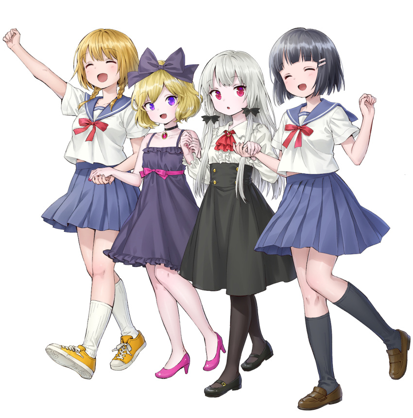 4girls, :d, ^_^, ama-tou, amano_akari, black_bow, black_footwear, black_hair