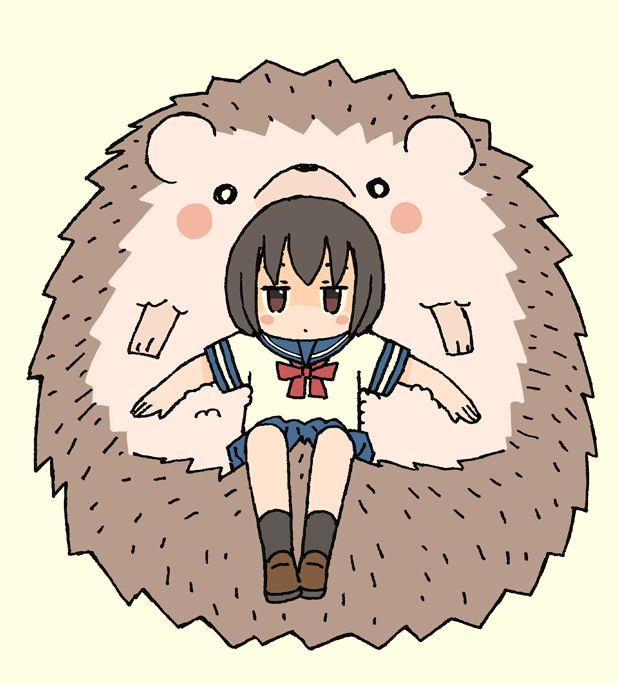 1girl, animal, beige_background, black_legwear, blue_sailor_collar, blue_skirt, blush_stickers, bow