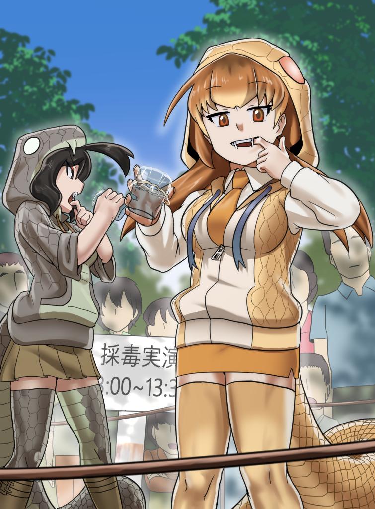 black_hair, black_mamba_(kemono_friends), cup, demonstration, fangs, haegiwa_gonbee, hood, hoodie