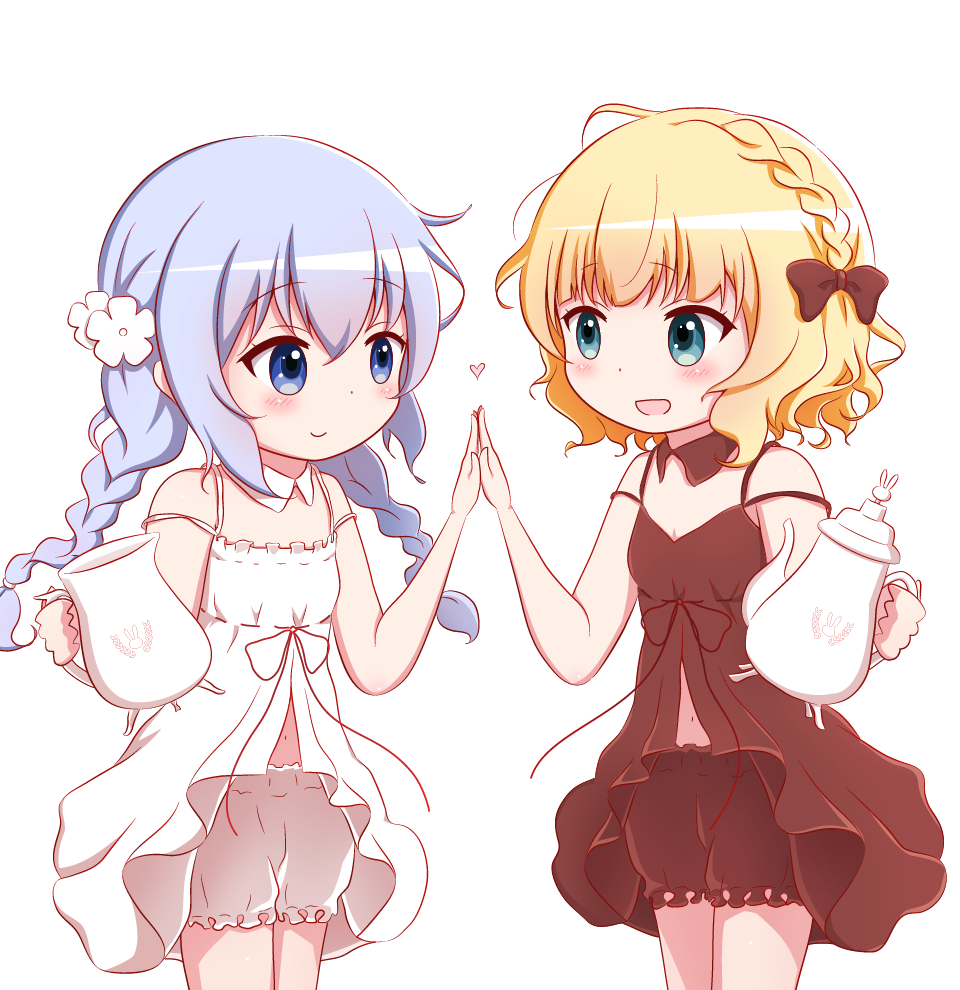2girls, :d, bare_arms, bare_shoulders, blonde_hair, bloomers, blue_eyes, blue_hair, blush, bow, braid, breasts, brown_bloomers, brown_bow, brown_collar, brown_dress, closed_mouth, collar, commentary_request, detached_collar, dress, eye_contact, gochuumon_wa_usagi_desu_ka?, goth_risuto, hair_bow, heart, high_five, holding, kafuu_chino, kirima_sharo, long_hair, looking_at_another, low_twintails, matching_outfit, multiple_girls, open_mouth, simple_background, sleeveless, sleeveless_dress, small_breasts, smile, teapot, twin_braids, twintails, underwear, very_long_hair, white_background, white_bloomers, white_collar, white_dress
