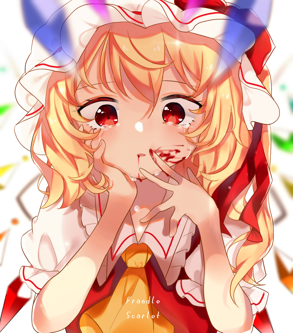 1girl, ascot, bangs, blonde_hair, blood, blood_from_mouth, blood_on_face, bloody_hands