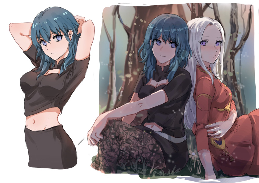 2girls, arms_up, blue_eyes, byleth_(fire_emblem), byleth_eisner_(female), edelgard_von_hresvelg, emika_(ww66229393), fire_emblem
