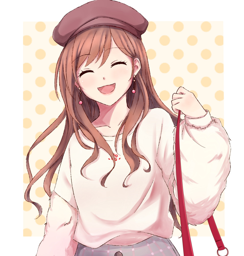 1girl, :d, ^_^, bag, bang_dream!, bangs, beret, brown_hair