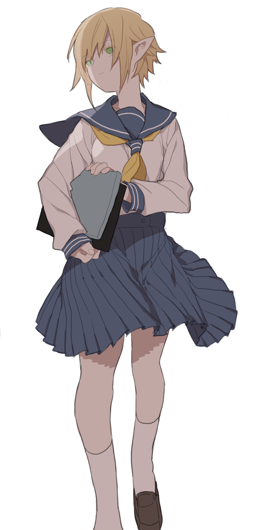 1girl, bangs, black_footwear, blonde_hair, blue_sailor_collar, blue_skirt, carrying_under_arm, closed_mouth