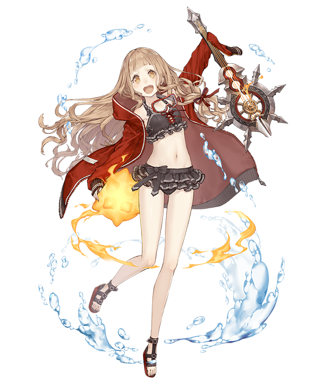 1girl, :d, blonde_hair, diving_mask, diving_mask_around_neck, frills, full_body, instrument, jacket, jacket_over_swimsuit, ji_no, little_red_riding_hood_(sinoalice), long_hair, looking_at_viewer, navel, official_art, open_mouth, orange_eyes, ribbon, sandals, sinoalice, sleeves_past_wrists, smile, solo, swimsuit, transparent_background, upper_teeth, water