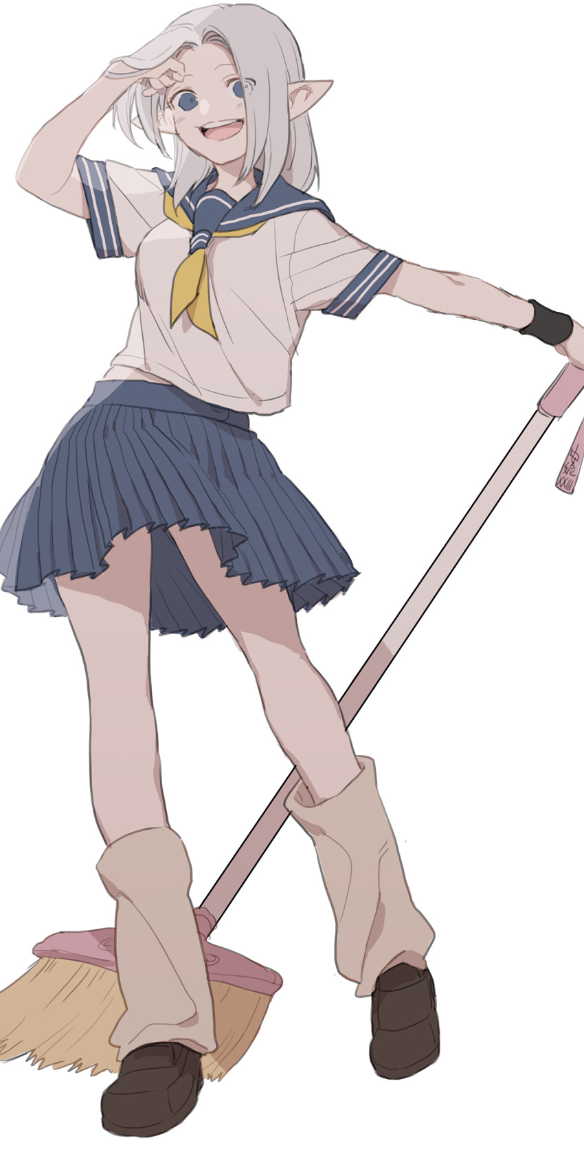 1girl, :d, arm_up, black_footwear, blue_eyes, blue_skirt, breasts, broom, brown_legwear, elezen, elf, eyes_visible_through_hair, final_fantasy, final_fantasy_xiv, fuka_(kirrier), hair_intakes, hair_lift, highres, loafers, loose_socks, medium_breasts, medium_hair, miniskirt, neckerchief, open_mouth, outstretched_arm, pleated_skirt, pointy_ears, school_uniform, serafuku, shirt, shoes, short_sleeves, silver_hair, simple_background, skirt, smile, solo, teeth, white_background, white_shirt, wristband, yellow_neckwear