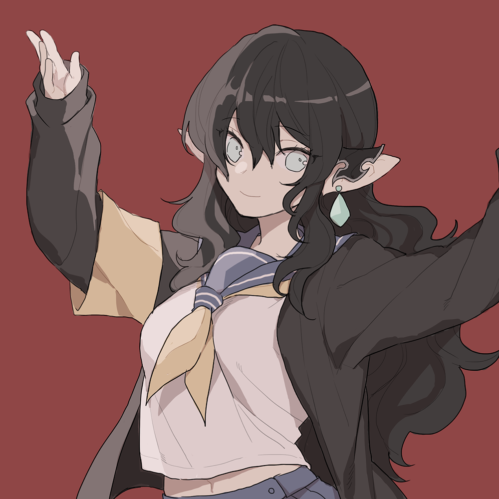 1girl, alternate_costume, armband, arms_up, aymeric, bangs, black_hair, black_jacket, blue_sailor_collar, blue_skirt, breasts, bright_pupils, closed_mouth, earrings, elezen, elf, eyebrows_visible_through_hair, eyes_visible_through_hair, final_fantasy, final_fantasy_xiv, fuka_(kirrier), genderswap, genderswap_(mtf), gradient, gradient_background, grey_eyes, hair_between_eyes, jacket, jewelry, long_hair, long_sleeves, looking_at_viewer, medium_breasts, navel, neckerchief, open_clothes, open_jacket, pleated_skirt, pointy_ears, red_background, sailor_collar, school_uniform, serafuku, sidelocks, skirt, sleeves_past_wrists, smile, solo, very_long_hair, wavy_hair, white_pupils, yellow_neckwear