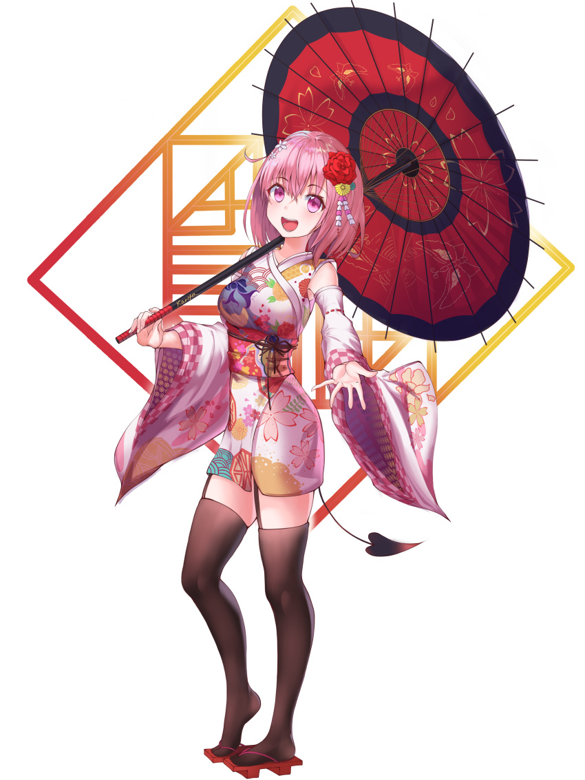 1girl, :d, absurdres, alternate_costume, blush, breasts, demon_tail, floral_print, flower, full_body, garter_straps, hair_flower, hair_ornament, highres, japanese_clothes, kimono, looking_at_viewer, medium_breasts, medium_hair, momo_velia_deviluke, mooruck4, open_mouth, oriental_umbrella, pink_eyes, pink_hair, pink_kimono, reaching_out, smile, solo, tail, thigh-highs, to_love-ru, to_love-ru_darkness, umbrella, wide_sleeves, yukata