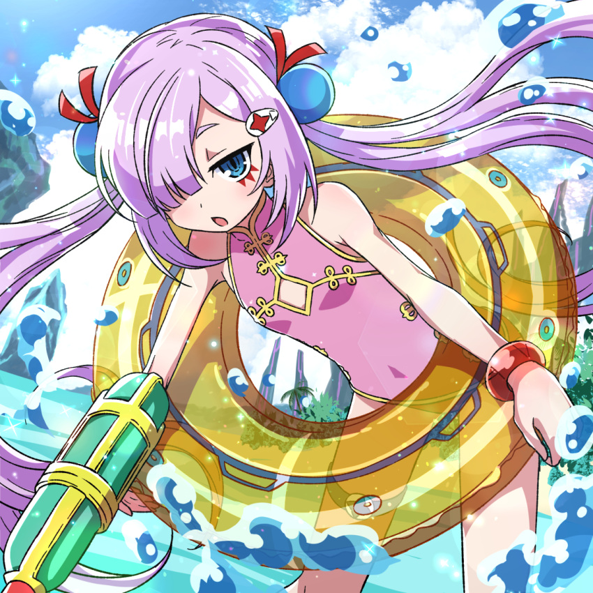 1girl, bangs, bare_arms, bare_legs, bare_shoulders, blue_eyes, blue_sky, bracelet