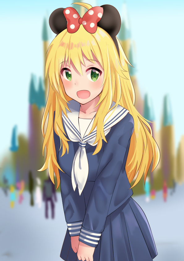 1girl, :d, ahoge, animal_ears, blonde_hair, blue_shirt, blue_skirt, blurry, blurry_background, blush, collarbone, commentary_request, day, disney_world, eyebrows_visible_through_hair, fake_animal_ears, green_eyes, hair_between_eyes, hoshii_miki, idolmaster, idolmaster_cinderella_girls, koukoku, logn_sleeves, long_hair, mickey_mouse_ears, mouse_ears, open_mouth, shirt, skirt, smile, solo_focus