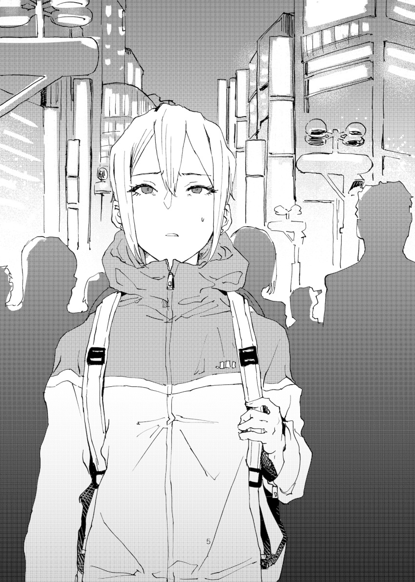 1girl, alternate_costume, backpack, bag, building, city, city_lights, crowd