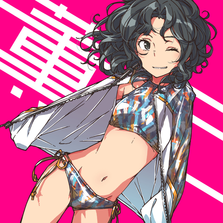 1girl, amagami, bikini, black_eyes, black_hair, commentary_request, curly_hair, dutch_angle