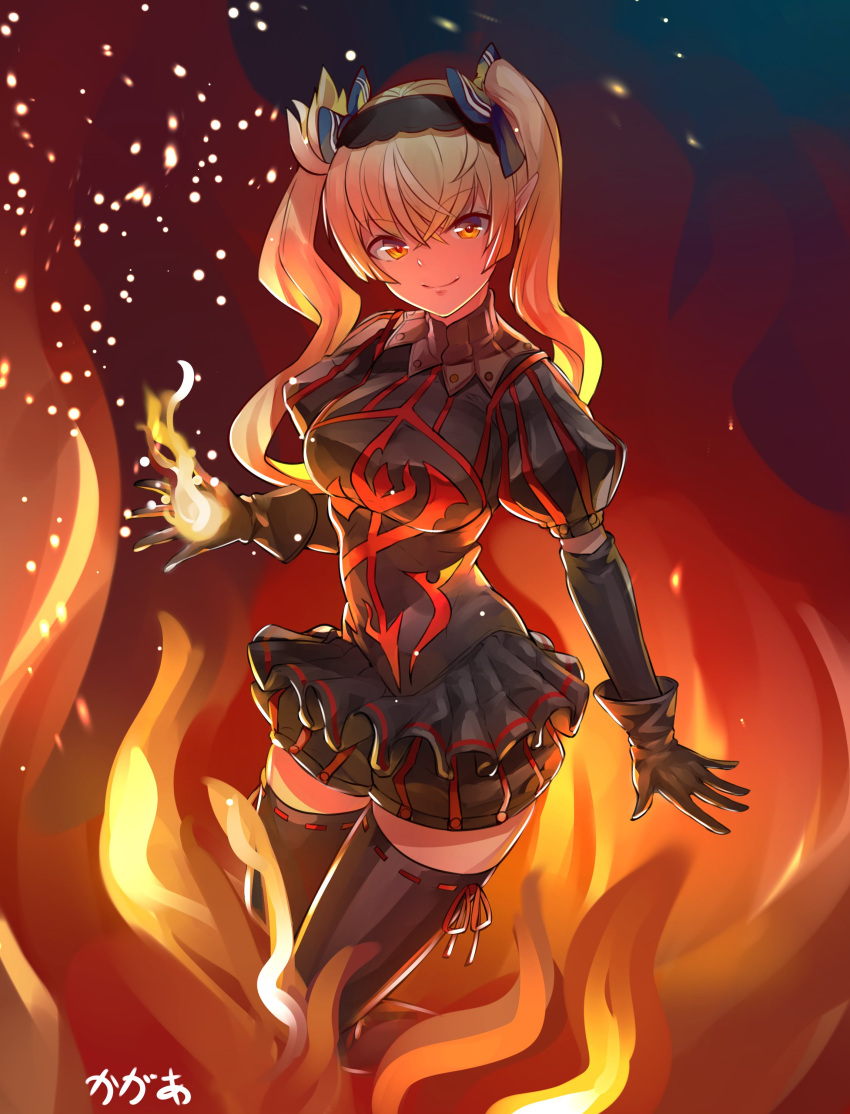 absurdres, alternate_costume, alternate_hairstyle, arpeggio_kaga, bangs, black_gloves, black_legwear, blonde_hair, bow, breasts, closed_mouth, dark_skin, elbow_gloves, elf, eyebrows_visible_through_hair, fire, gloves, hair_between_eyes, hair_bow, hair_ornament, highres, holding_flame, hololive, long_hair, looking_at_viewer, medium_breasts, miniskirt, pointy_ears, puffy_shorts, shiranui_flare, shorts, signature, skirt, smile, thigh-highs, twintails, virtual_youtuber, yellow_eyes