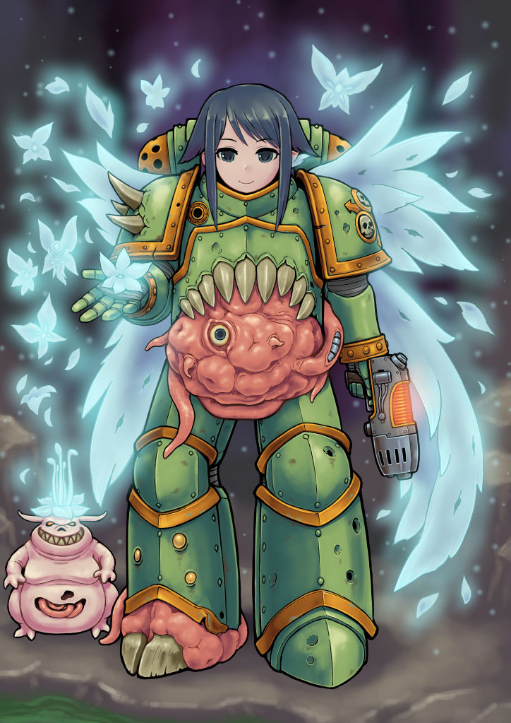 1girl, armor, commentary_request, eldritch_abomination, eyebrows_visible_through_hair, flower, glowing, glowing_flower, glowing_wings, green_eyes, green_hair, grin, gun, hair_flaps, handgun, holding, holding_gun, holding_weapon, intestines, kensaint, looking_at_viewer, monster, pistol, plague_marine, red_eyes, saya, saya_no_uta, sharp_teeth, smile, standing, teeth, warhammer_40k, weapon, wings