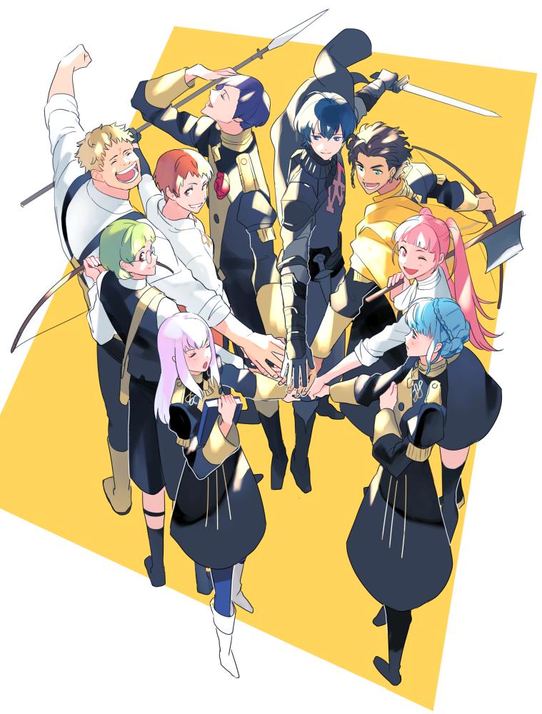 4girls, 5boys, armor, axe, black_cape, black_legwear, blonde_hair, blue_eyes, blue_hair, book, bow_(weapon), braid, brown_hair, byleth_(fire_emblem), byleth_eisner_(male), cape, claude_von_riegan, closed_eyes, closed_mouth, crown_braid, dark_skin, dark_skinned_male, epaulettes, fire_emblem, fire_emblem:_three_houses, from_side, glasses, green_eyes, green_hair, grin, hilda_valentine_goneril, holding, holding_axe, holding_book, holding_bow_(weapon), holding_sword, holding_weapon, ignatz_victor, leonie_pinelli, long_hair, long_sleeves, lorentz_hermann_gloucester, lysithea_von_ordelia, marianne_von_edmund, multiple_boys, multiple_girls, one_eye_closed, open_mouth, pink_eyes, pink_hair, polearm, purple_hair, raphael_kirsten, redhead, short_hair, smile, sword, thigh-highs, twintails, ugonba_(howatoro), uniform, weapon, white_hair, yellow_cape, zettai_ryouiki