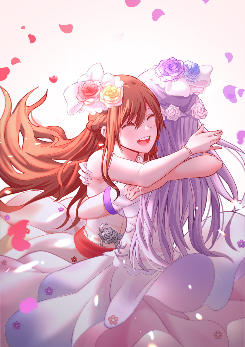 2girls, bang_dream!, bow, braid, brown_hair, closed_eyes, crown_braid, dress, flower, hair_bow, hair_flower, hair_ornament, highres, hug, imai_lisa, jewelry, minato_yukina, multiple_girls, open_mouth, purple_hair, ring, short_sleeves, simple_background, smile, white_background, white_bow, white_dress, xiao_guan, yuri