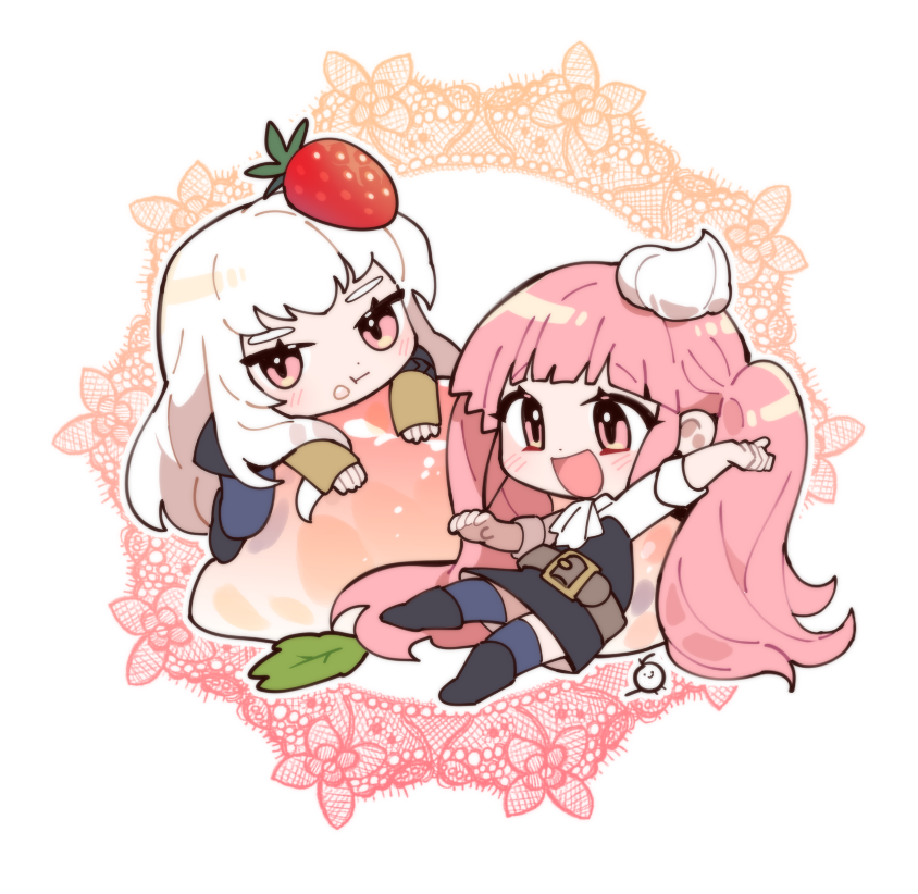2girls, belt, blue_legwear, chibi, closed_mouth, fire_emblem, fire_emblem:_three_houses, food