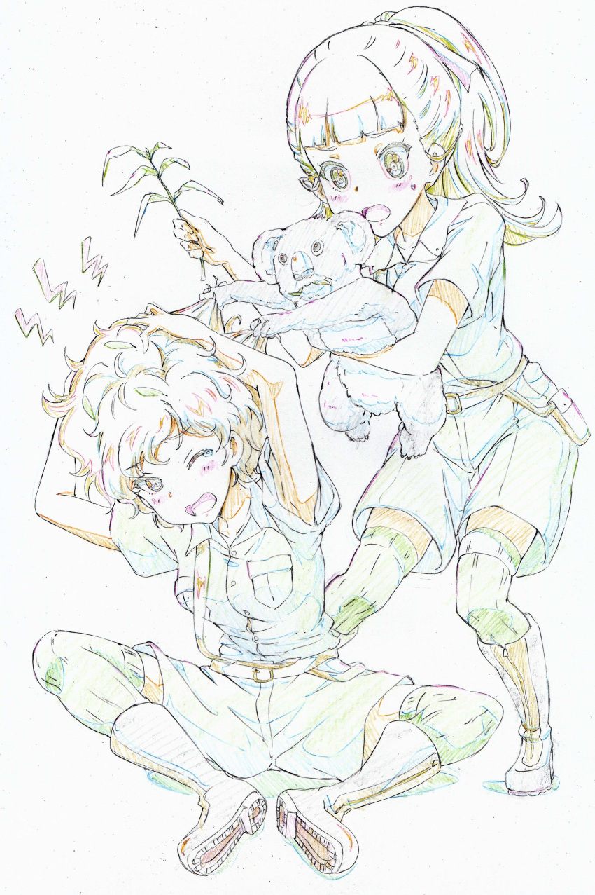 2girls, absurdres, animal, armpits, bag, bangs, belt, blunt_bangs