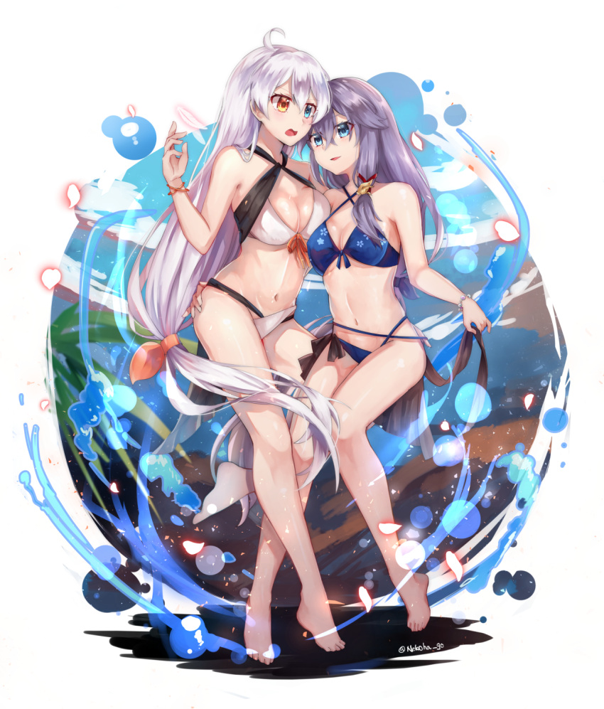2girls, ahoge, barefoot, bikini, blue_bikini, blue_eyes, blush, bracelet, breasts, commentary_request, eye_contact, fu_hua, full_body, hair_between_eyes, hand_on_another's_hip, heterochromia, highres, honkai_(series), honkai_impact_3rd, jewelry, kiana_kaslana, kiana_kaslana_(void_drifter), large_breasts, lavender_hair, long_hair, looking_at_another, low-tied_long_hair, medium_breasts, multiple_girls, navel, nekoha_gc, swimsuit, twitter_username, very_long_hair, water, yellow_eyes