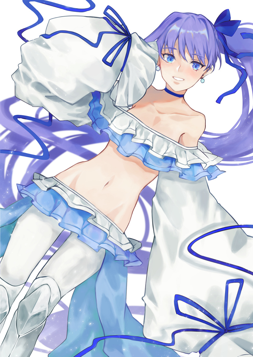 1girl, bare_shoulders, blue_eyes, blue_ribbon, choker, collarbone, earrings, eyebrows_visible_through_hair