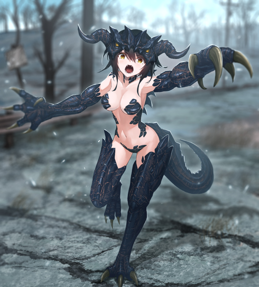 1girl, attacking_viewer, breasts, claws, deathclaw, fallout_4, highres, horns