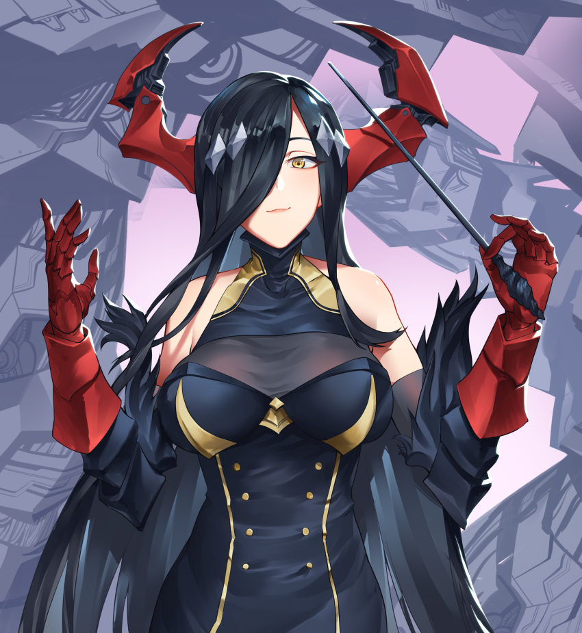 1girl, azur_lane, bare_shoulders, baton_(instrument), black_dress, black_hair, breasts, closed_mouth, dress, friedrich_der_grosse_(azur_lane), gloves, hair_ornament, hair_over_one_eye, hands_up, highres, holding, large_breasts, long_hair, looking_at_viewer, machinery, red_gloves, red_horns, shinidei, simple_background, sleeveless, sleeveless_dress, smirk, solo, turtleneck_dress, upper_body, very_long_hair, yellow_eyes