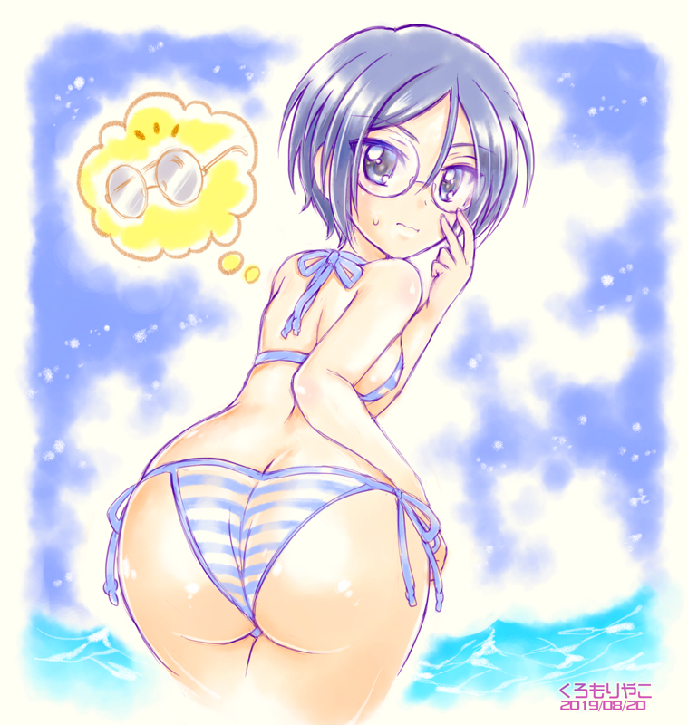 1girl, ass, bikini, black_hair, blue_eyes, blush, breasts, burafu, butt_crack, closed_mouth, clouds, dated, eyebrows_visible_through_hair, girls_und_panzer, glasses, looking_at_viewer, looking_back, ocean, outdoors, rumi_(girls_und_panzer), shiny, shiny_hair, shiny_skin, short_hair, side-tie_bikini, sky, small_breasts, solo, striped, striped_bikini, swimsuit, swimwear