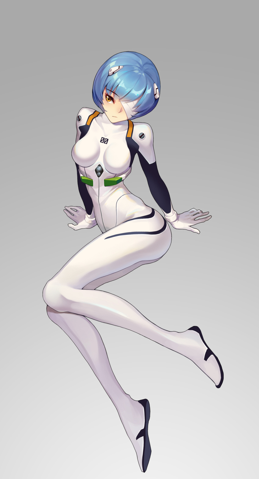 1girl, absurdres, arm_support, ayanami_rei, bandage_on_face, blue_hair, bodysuit, breasts