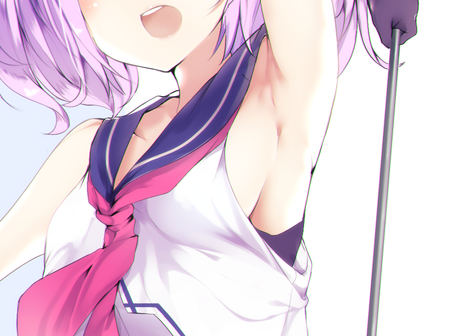 1girl, :d, armpits, arms_up, azur_lane, bare_shoulders, breasts, commentary