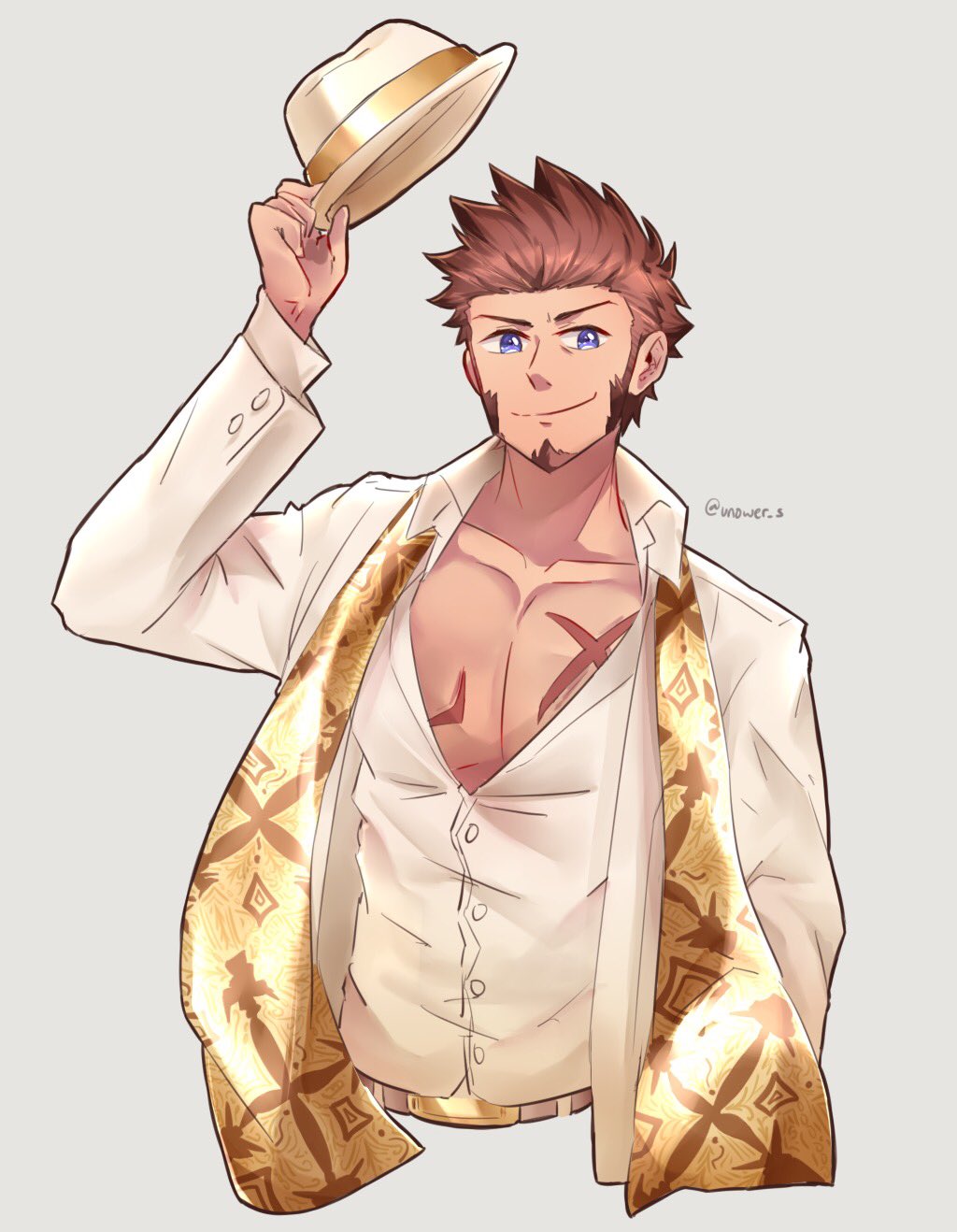 1boy, alternate_costume, beard, belt, blue_eyes, brown_hair, chest, facial_hair
