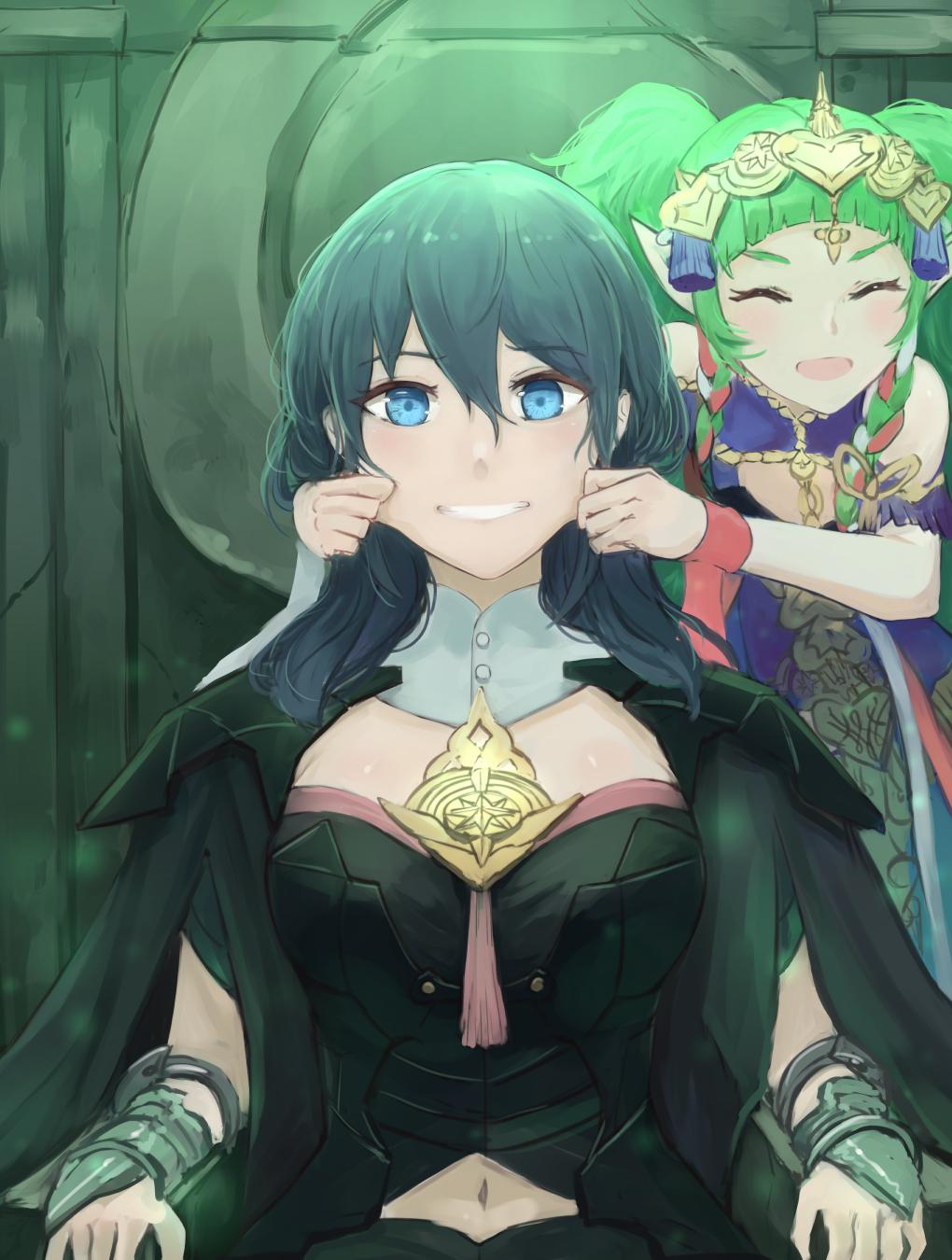 2girls, black_cape, blue_eyes, blue_hair, braid, byleth_(fire_emblem), byleth_eisner_(female), byleth_eisner_(female)